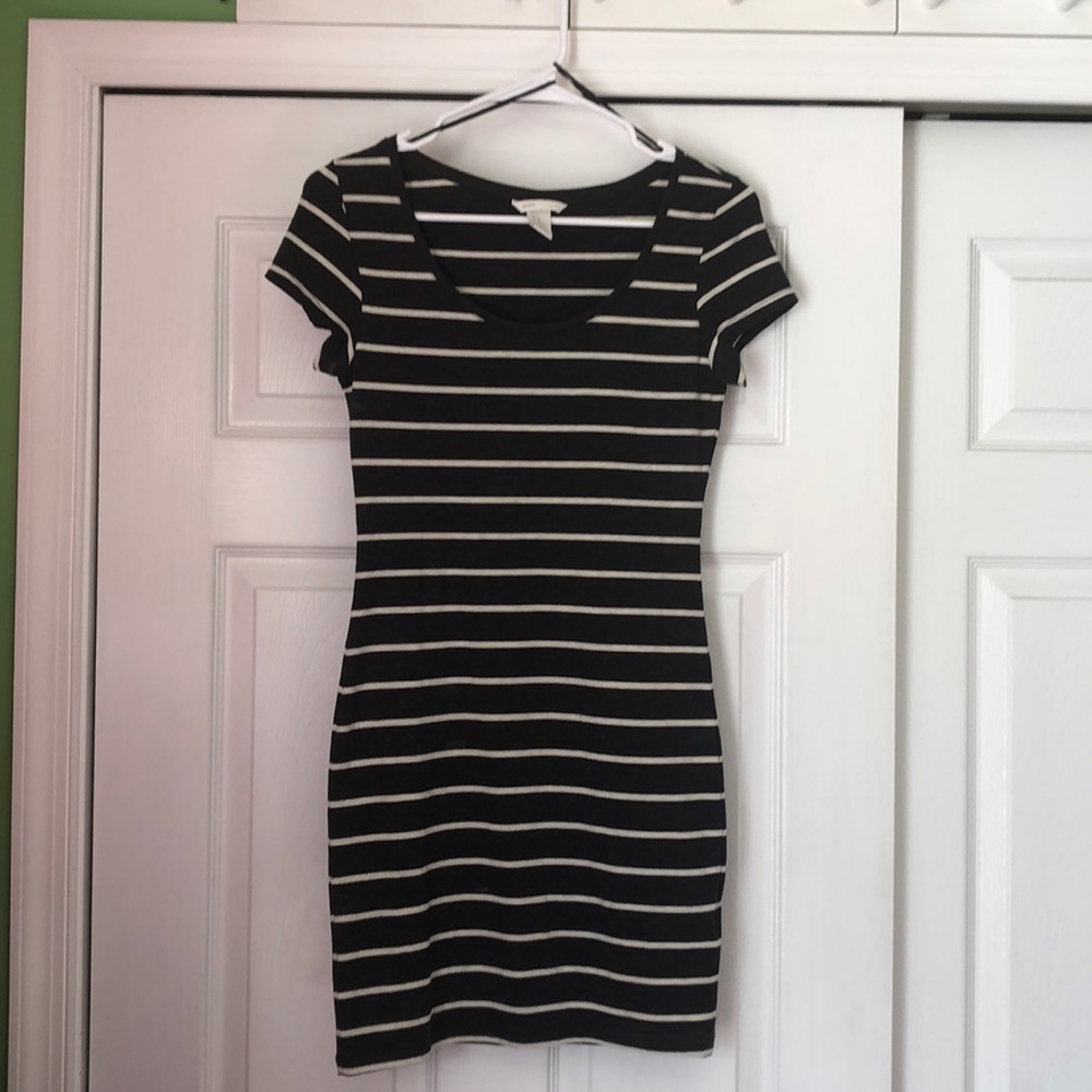 Gray and white striped bodycon dress